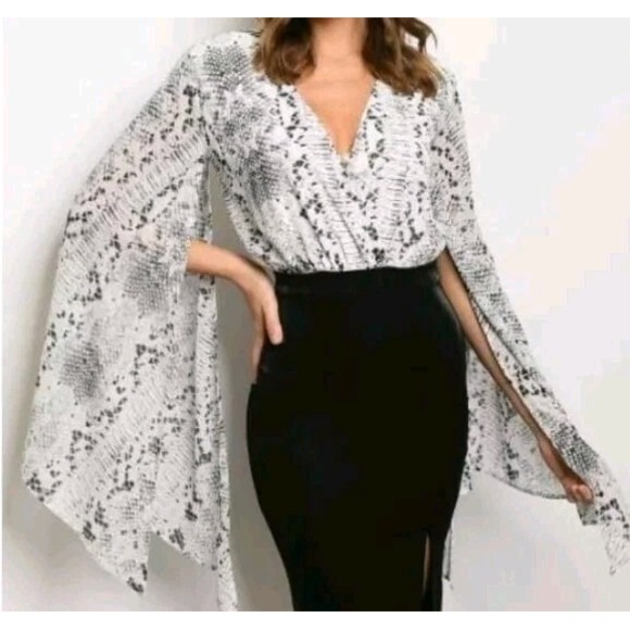 Snakeskin Bodysuit Cape Sleeve Deep V Neck Blouse Top Going Out Party - Picture 1 of 11